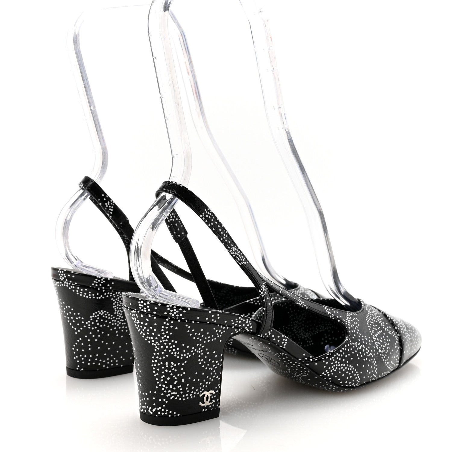 Chanel Calfskin Camellia Printed Cap Toe CC Slingback Pumps 37 Black White 5 of 9