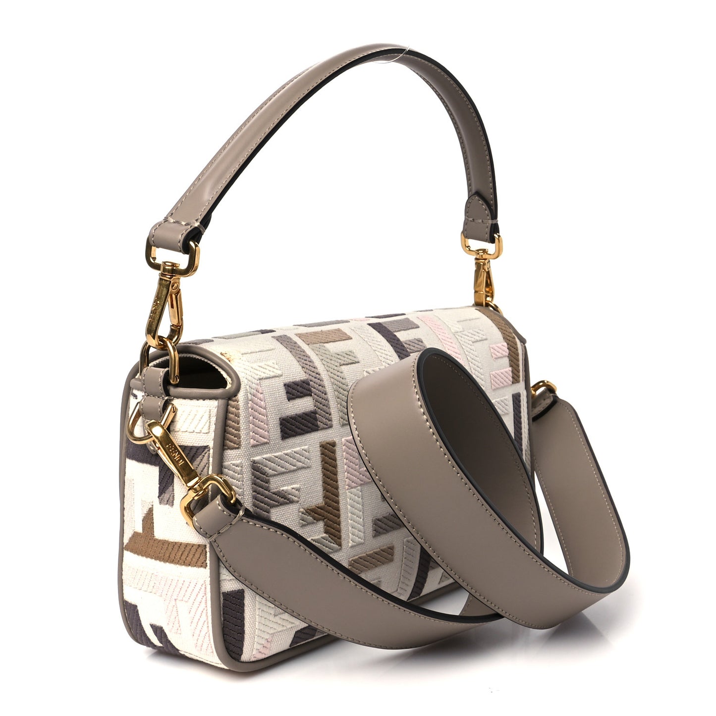 Canvas Vitello Seta FF Multicolor Embroidered Baguette Grezzo Multicolor Tortora
