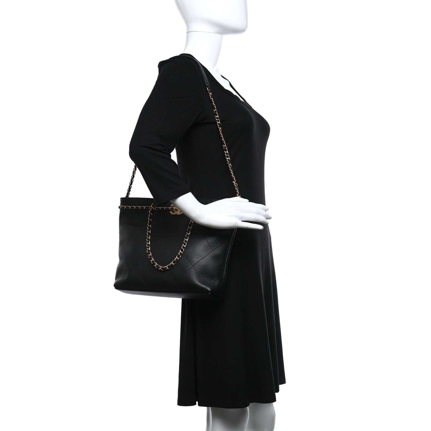 Calfskin Stitched Small Shopping Tote Black