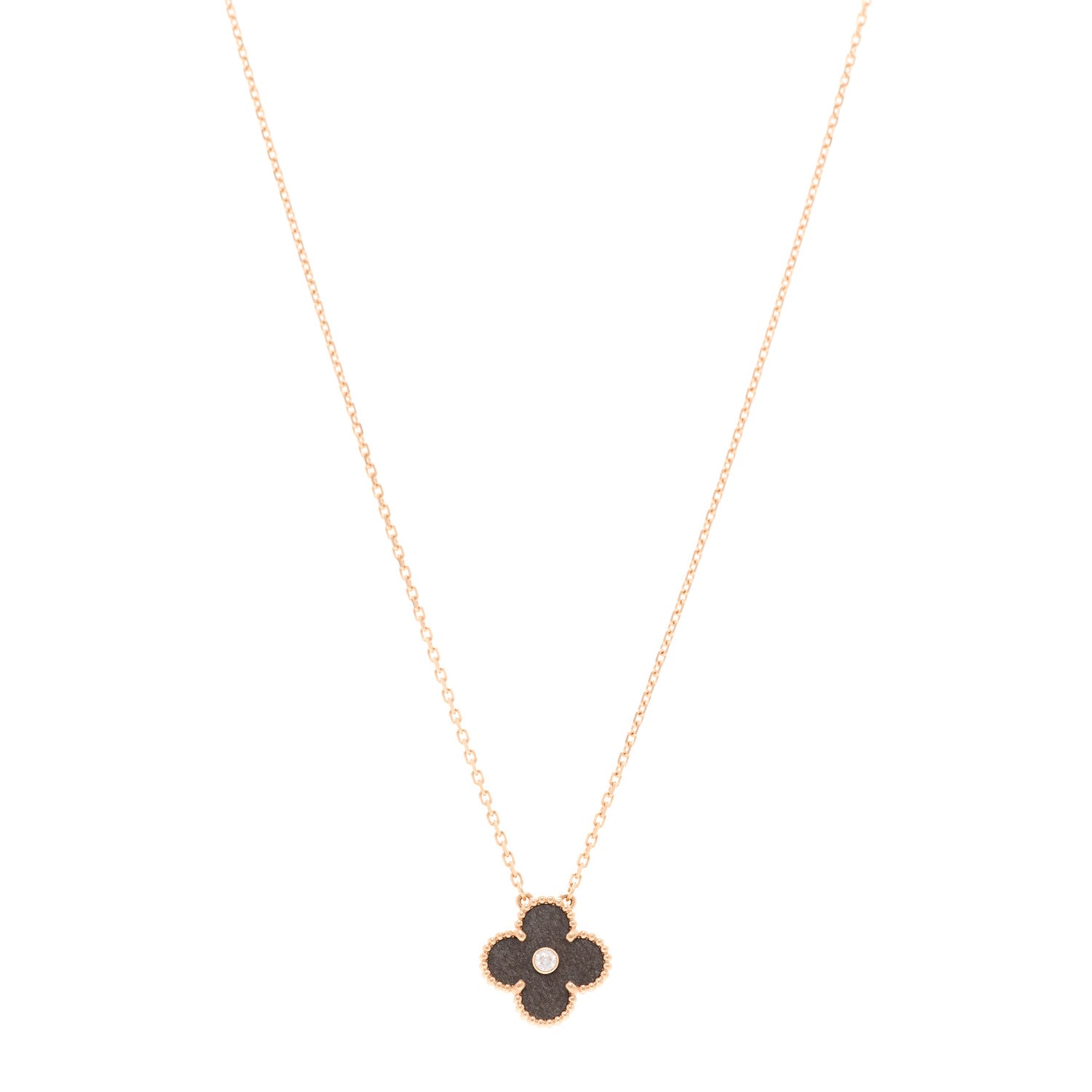 Van Cleef & Arpels 18K Rose Gold Diamond Silver Obsidian Vintage Alhambra Pendant Necklace 1 of 5