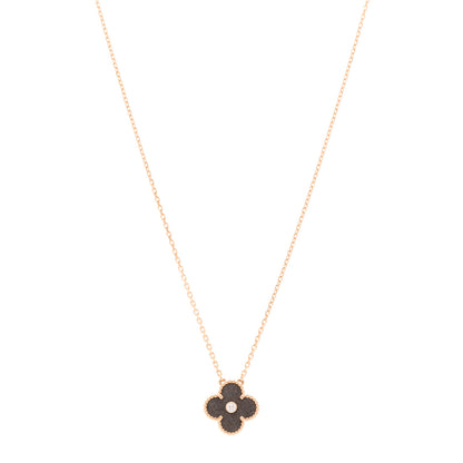 Van Cleef & Arpels 18K Rose Gold Diamond Silver Obsidian Vintage Alhambra Pendant Necklace 1 of 5