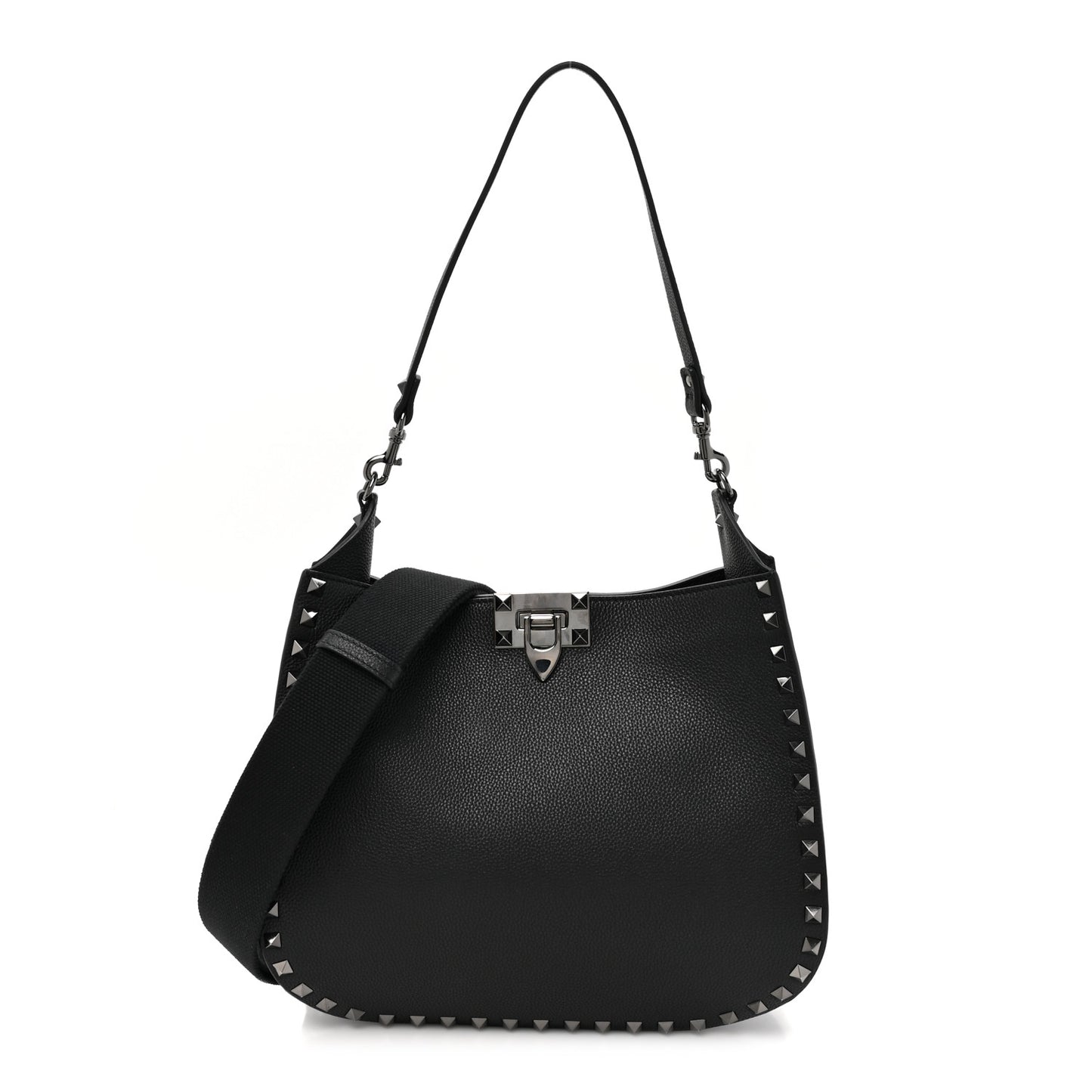 Pebbled Calfskin Rockstud Hobo Black