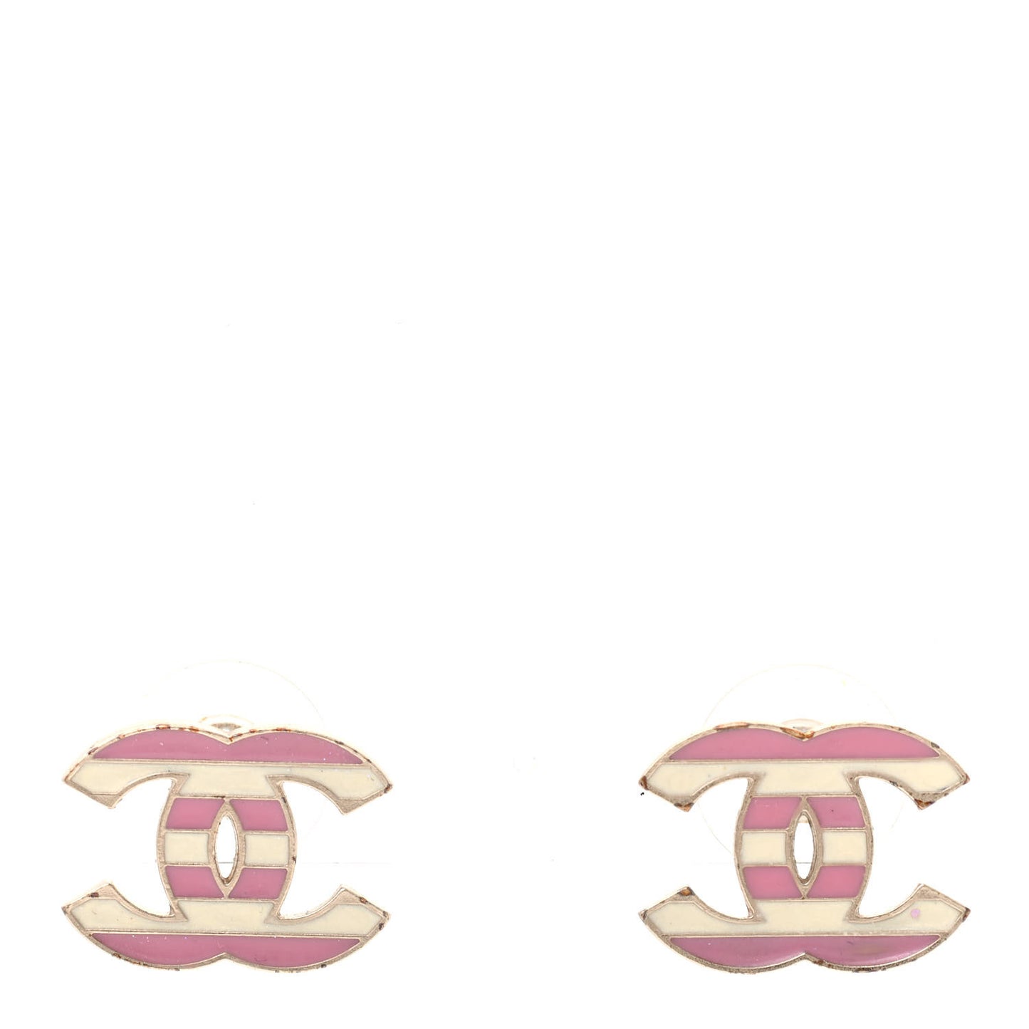 Enamel Striped CC Earrings Pink White Gold