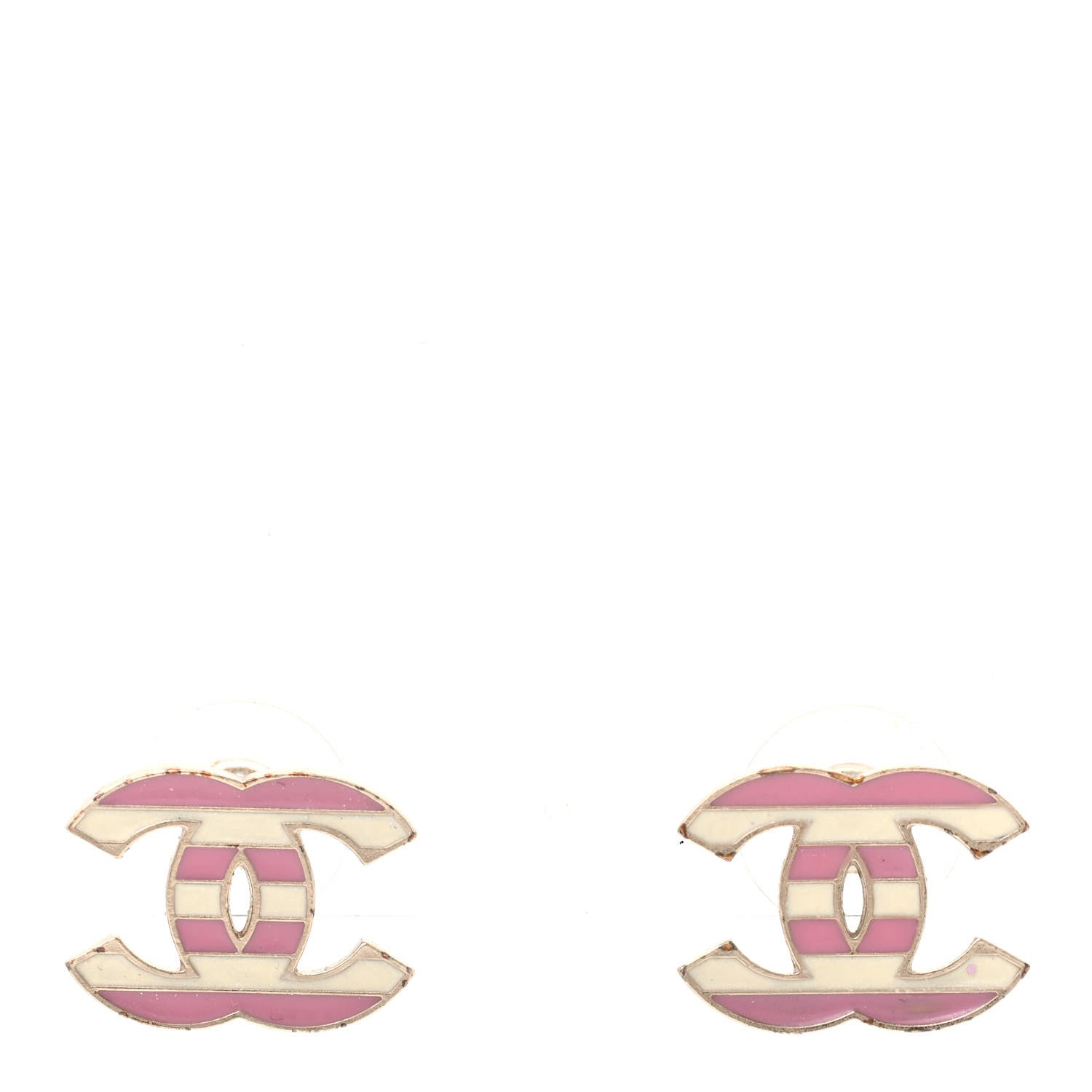 Chanel Enamel Striped CC Earrings Pink White Gold 1 of 4