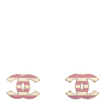 Chanel Enamel Striped CC Earrings Pink White Gold 1 of 4