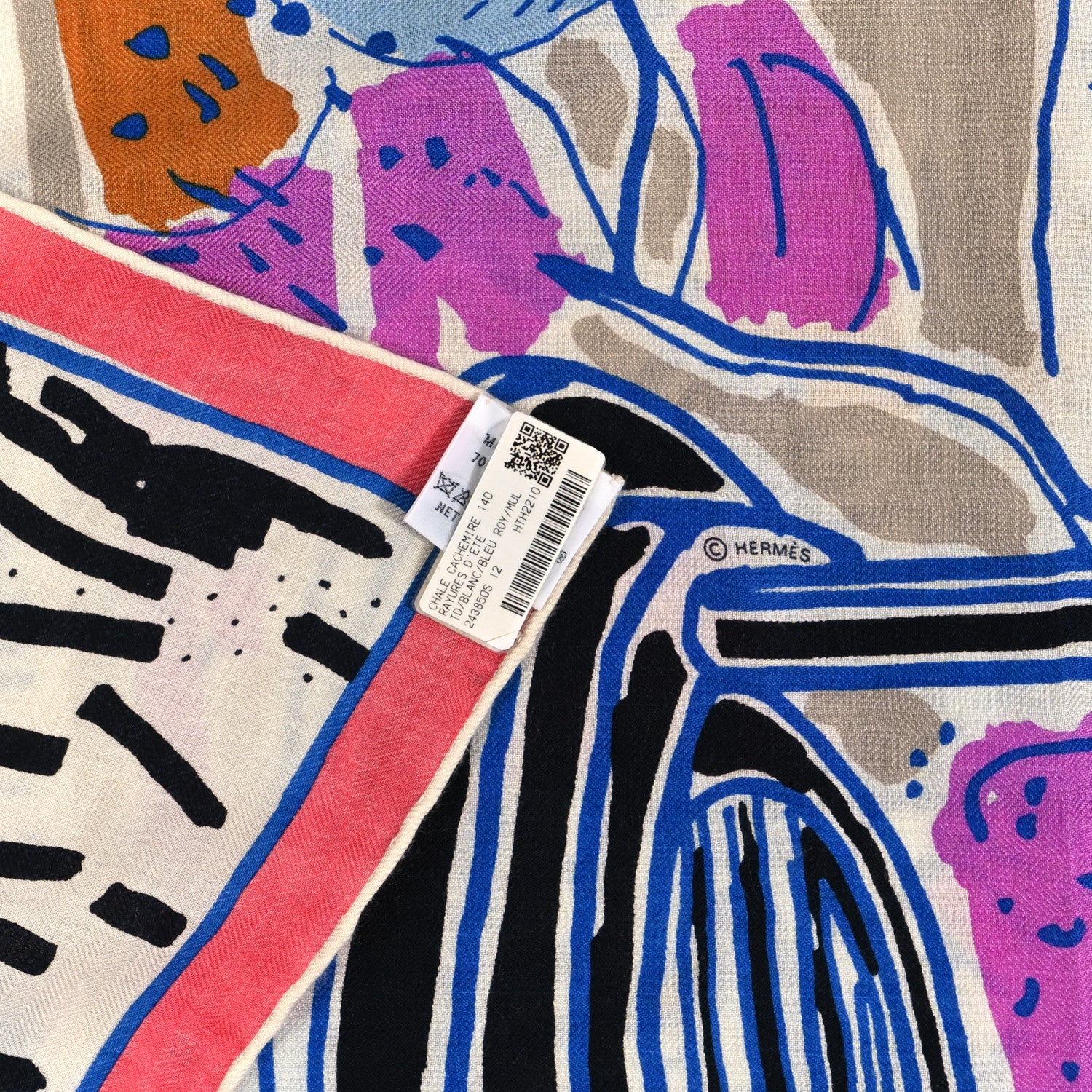 Hermes Cashmere Silk Rayures d'Ete Shawl 140 White Bleu Royal Multicolore 3 of 5
