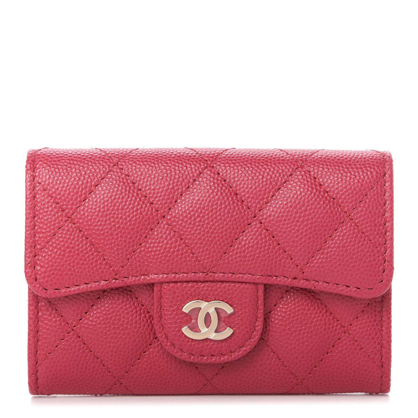 Caviar Quilted Flap Card Holder Wallet Dark Pink