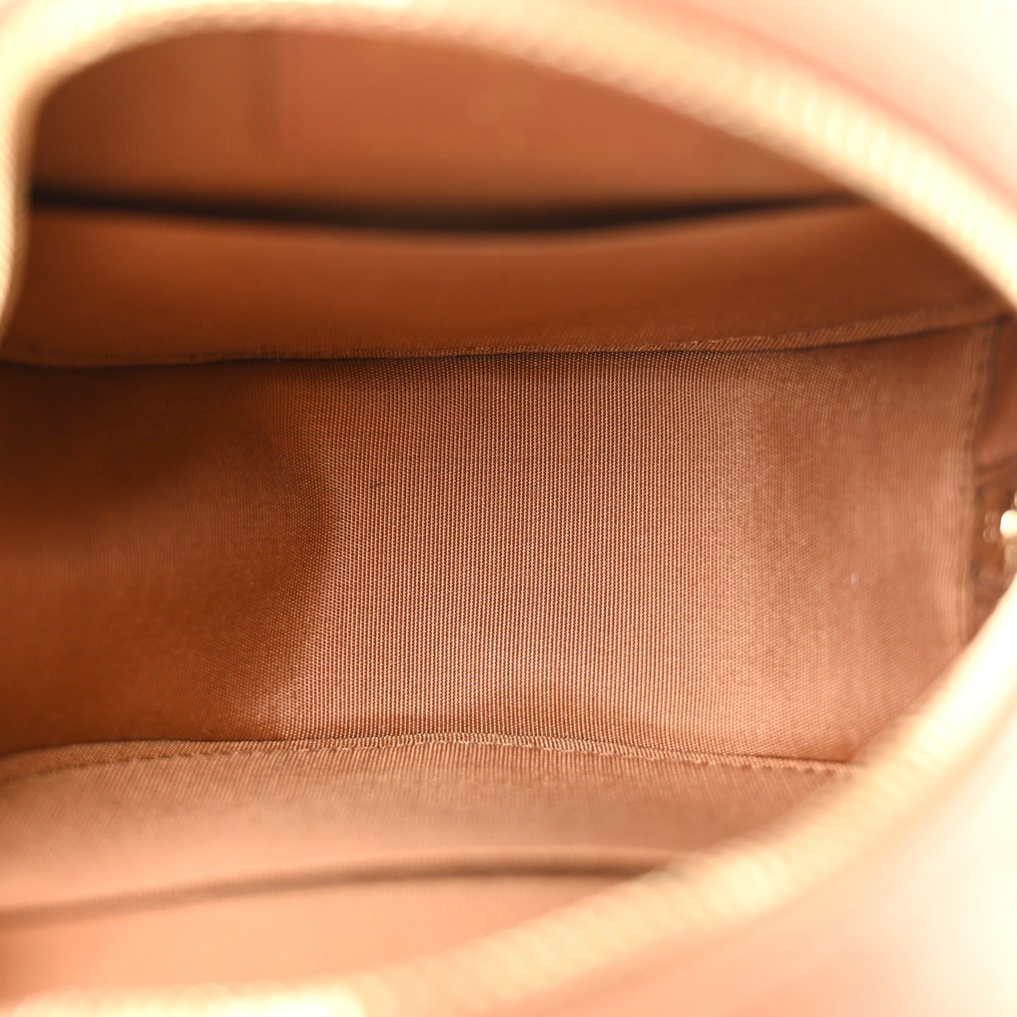 Shiny Lambskin Ribbon Quilted Round Clutch With Chain Brown