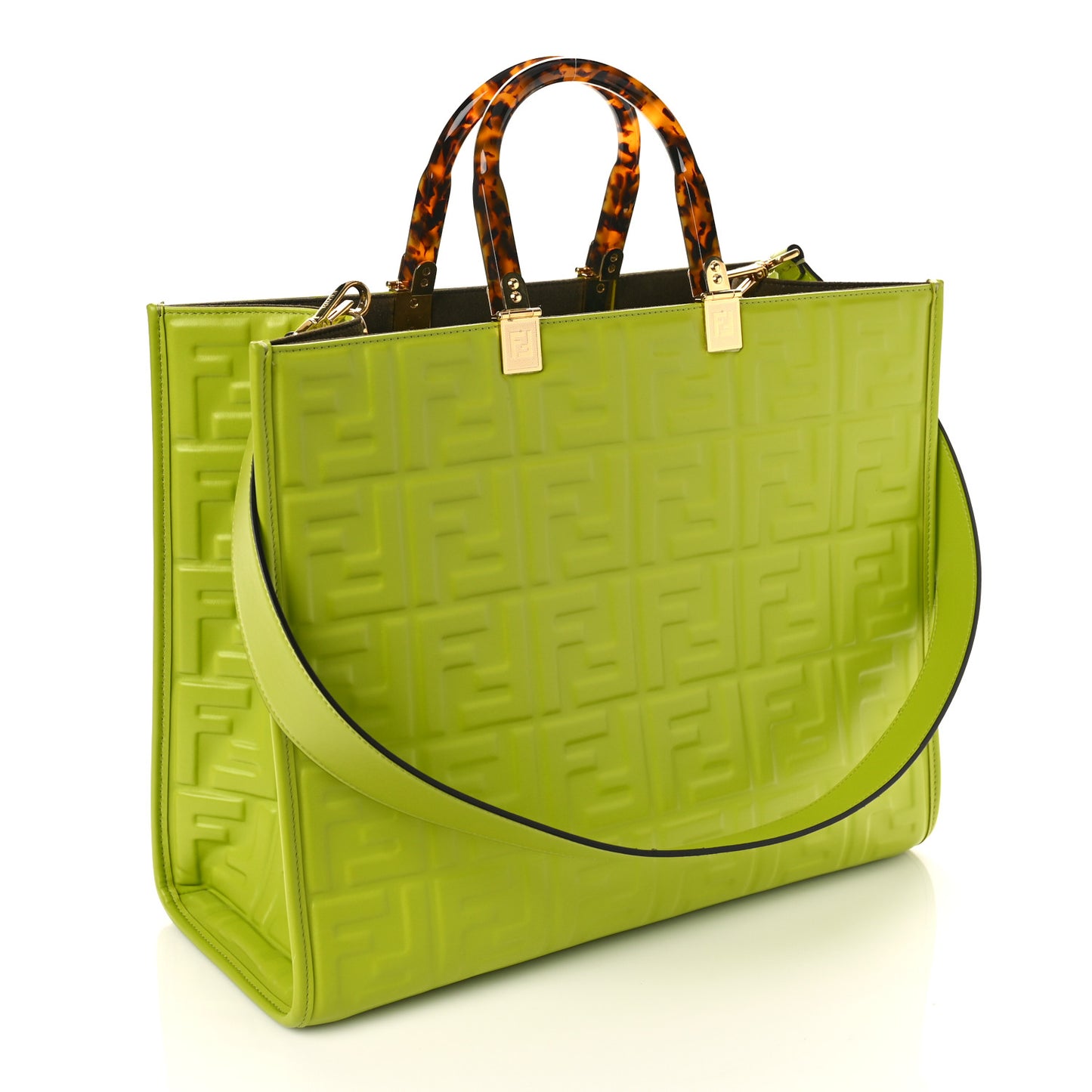 Vitello Plexiglass FF Embossed Medium Fendi Sunshine Shopper Tote Wasabi