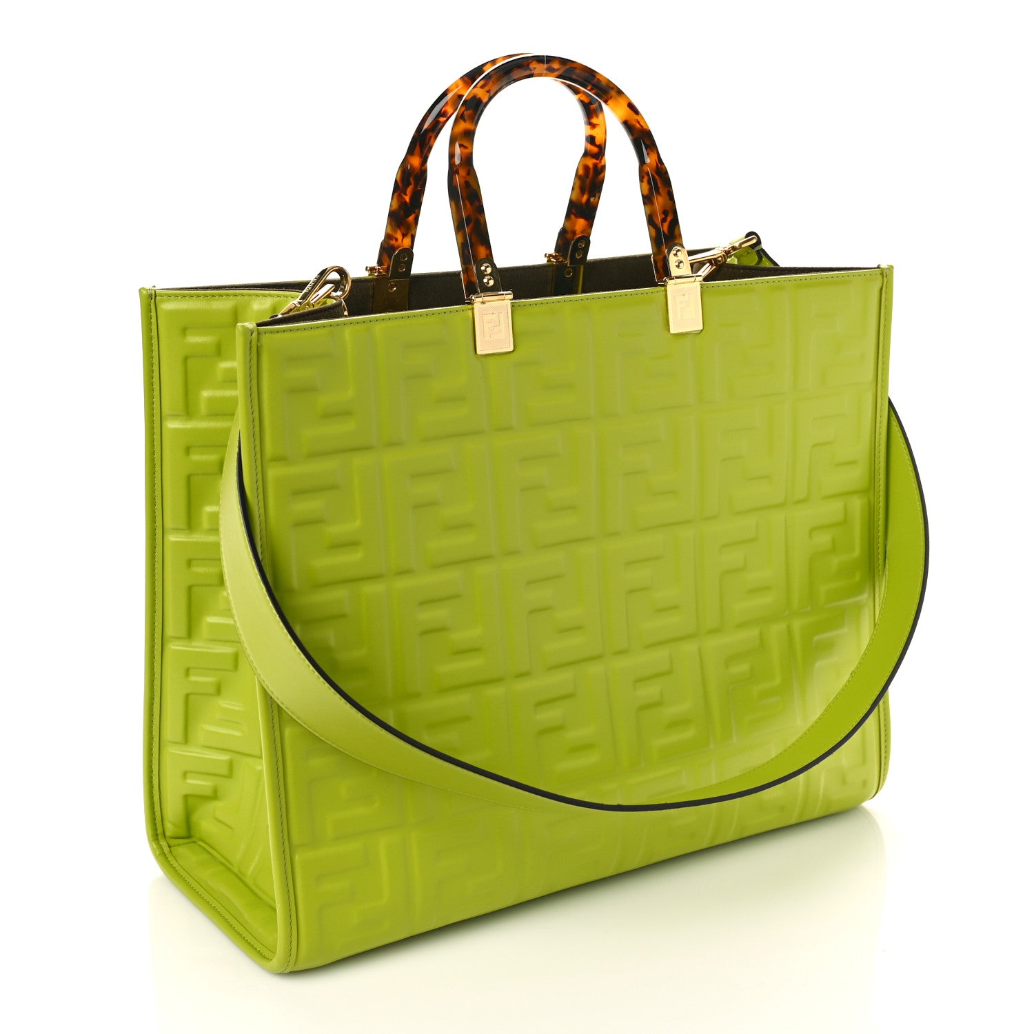 Fendi Vitello Plexiglass FF Embossed Medium Fendi Sunshine Shopper Tote Wasabi 3 of 8