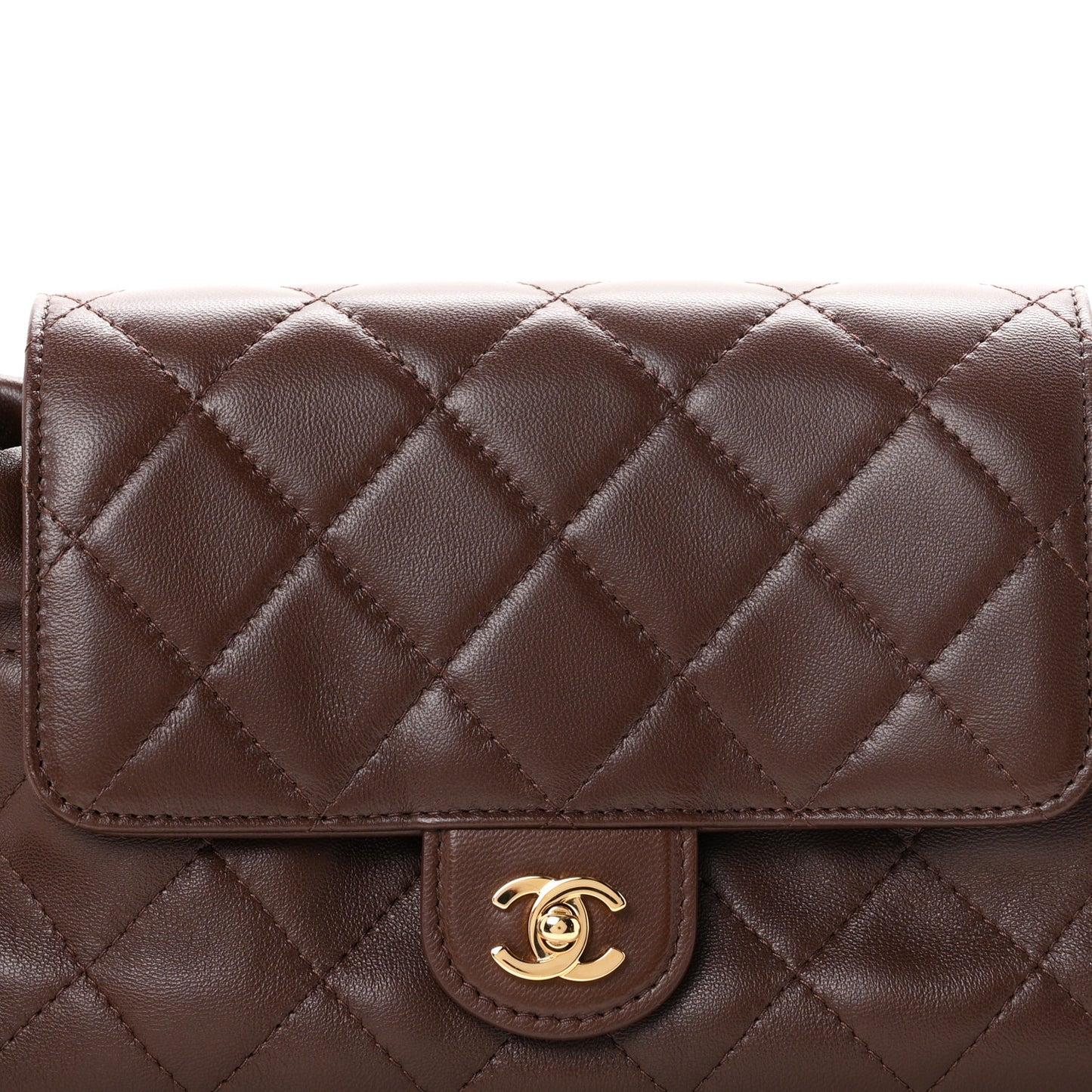 Lambskin Quilted CC Drawstring Flap Clutch With Strap Brown