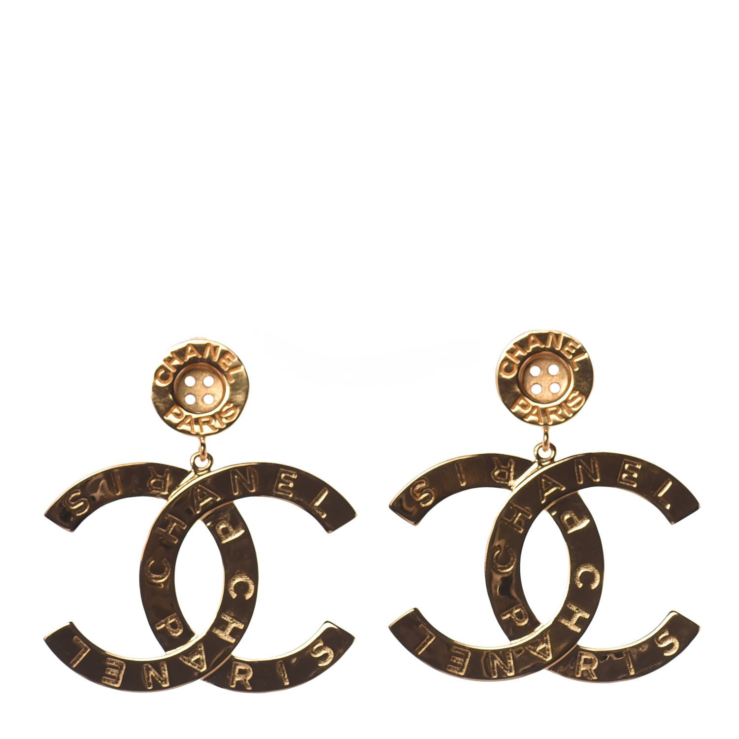 Chanel Metal Large Paris Button Earrings Gold 1 of 7