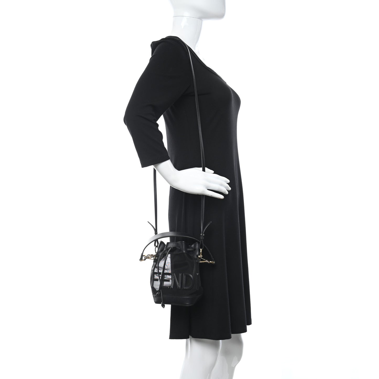 Mesh Vitello King F is Fendi Logo Embroidered Mini Mon Tresor Bucket Bag Black