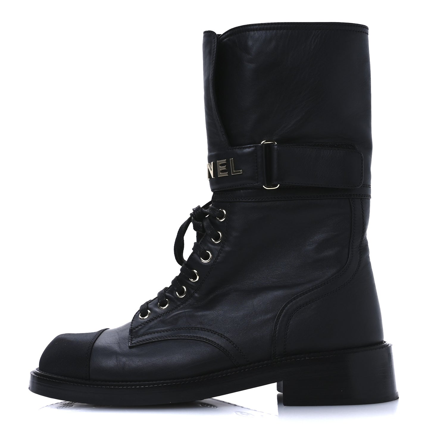 Shiny Calfskin Lace Up Combat Boots 40 Black