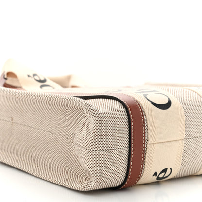 Chloe Cotton Calfskin Small Woody Ribbon Tote With Strap White Brown 9 of 11