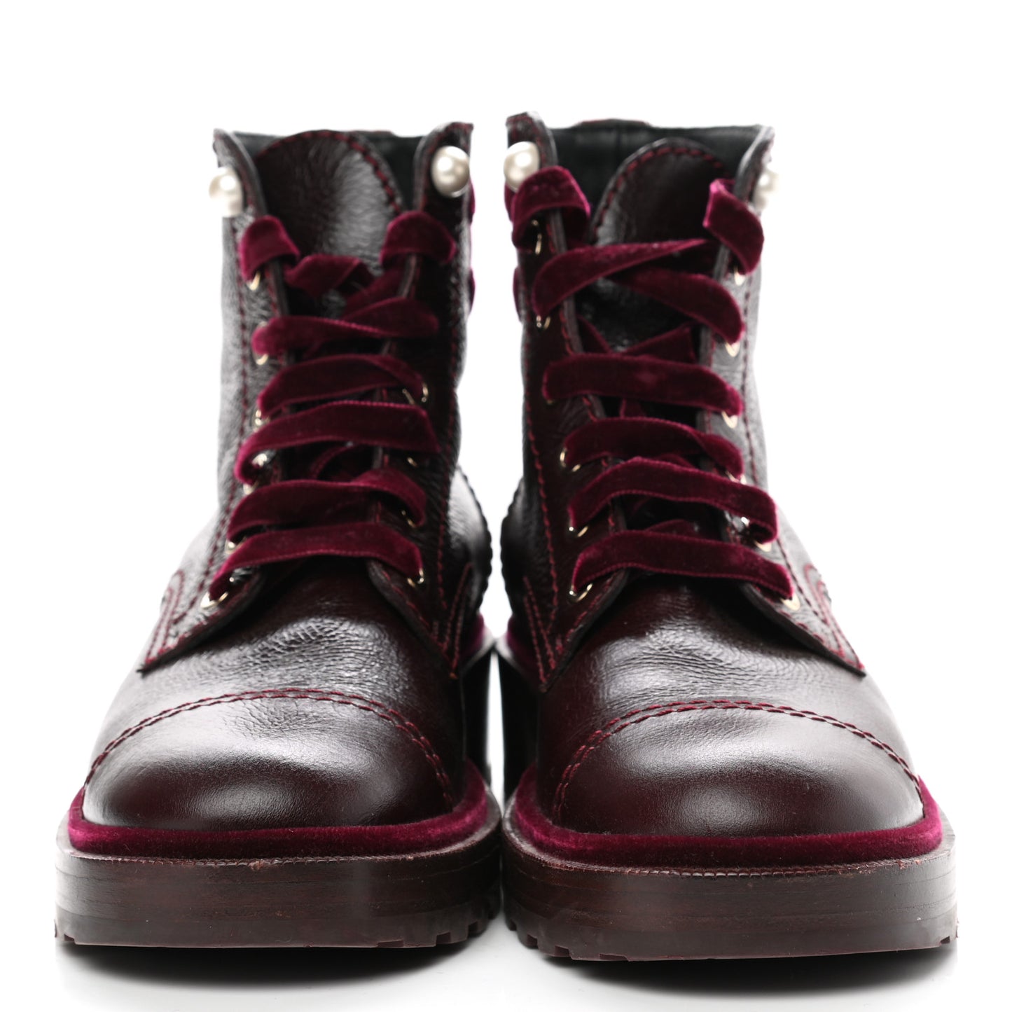 Calfskin Velvet Pearl Combat Short Boots 39.5 Burgundy
