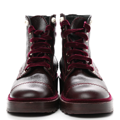 Chanel Calfskin Velvet Pearl Combat Short Boots 39.5 Burgundy 2 of 8