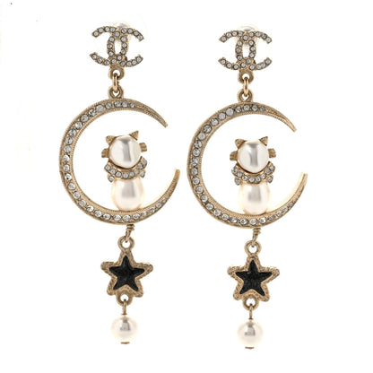 Chanel Metal Glass Crystal CC Cat Moon Earrings Gold 1 of 5