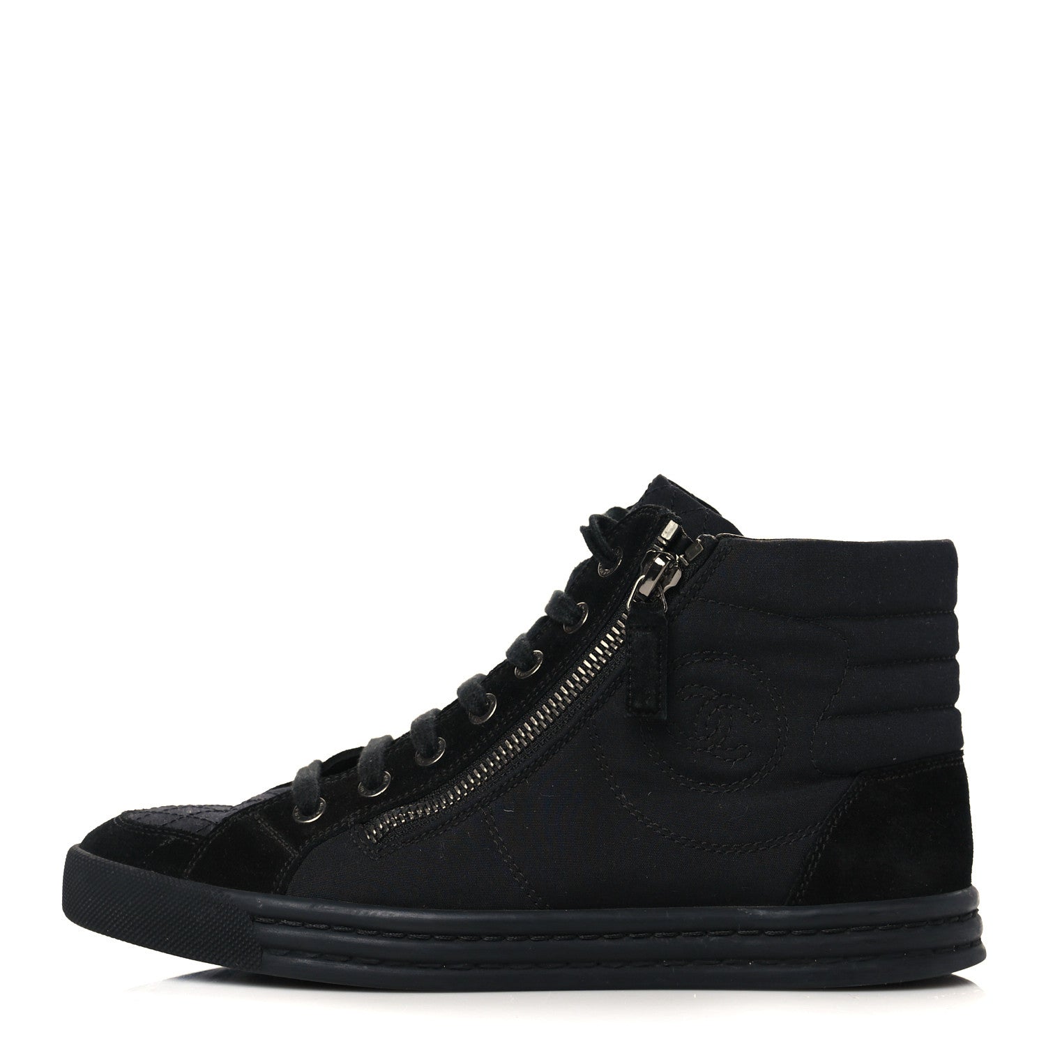 Chanel Toile Suede Calfskin CC High Top Sneakers 36.5 Black 1 of 7
