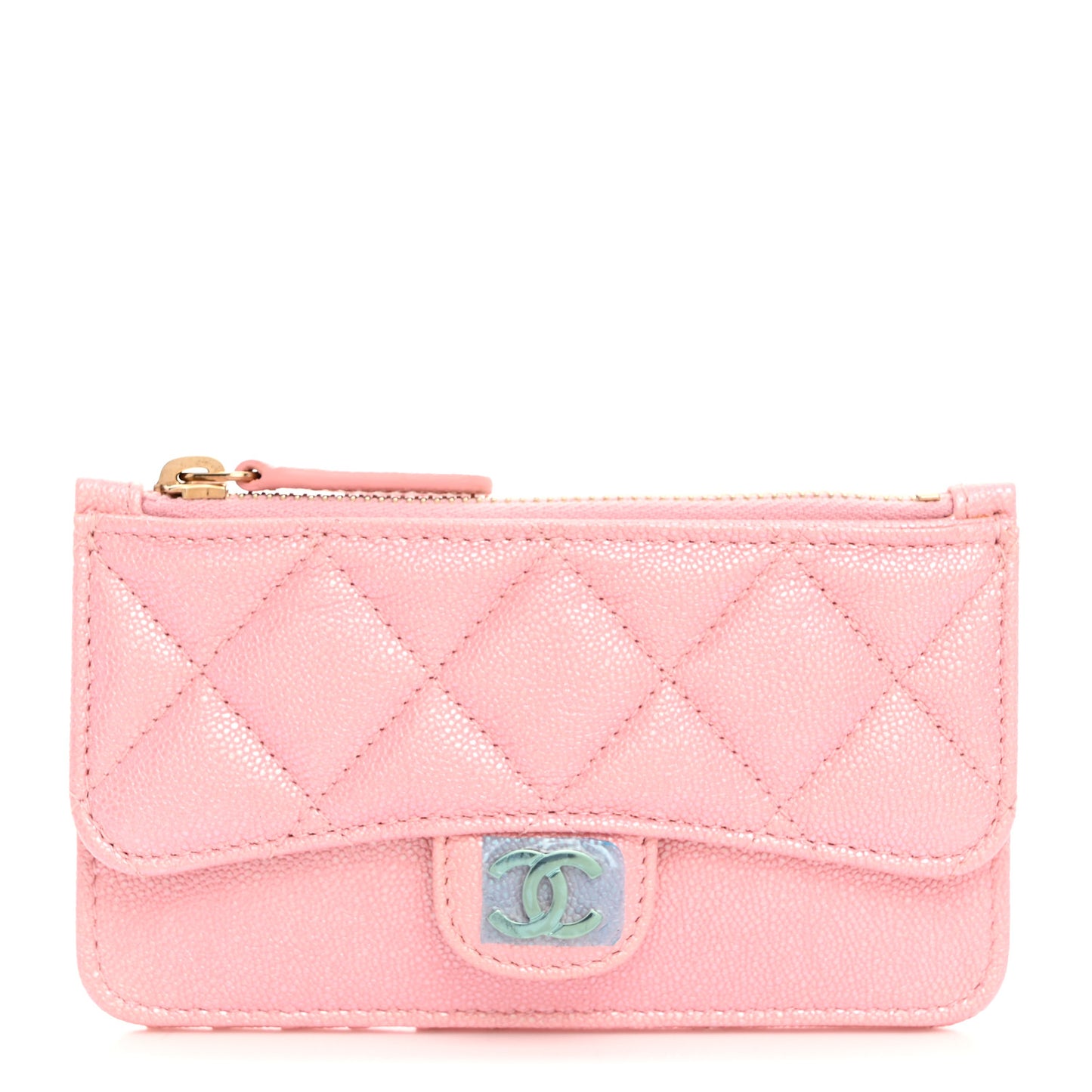 Iridescent Caviar Quilted Flap Zip Card Holder Pink