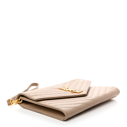 Saint Laurent Grain De Poudre Matelasse Chevron Monogram Envelope Clutch Dark Beige 4 of 8