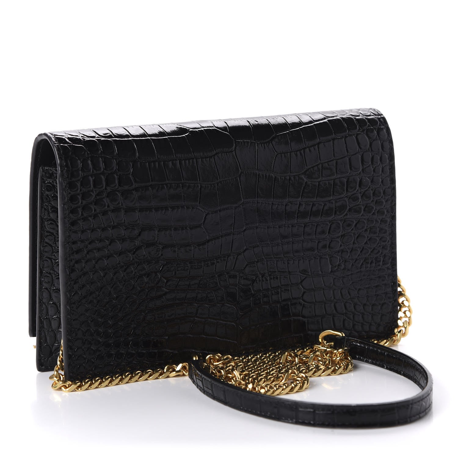 Saint Laurent Calfskin Crocodile Embossed Kate Monogram Tassel Chain Wallet Black 3 of 9