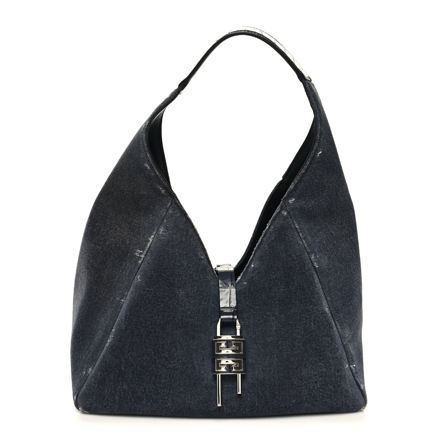Washed Denim Calfskin Crocodile Embossed Medium G-Lock Hobo Black