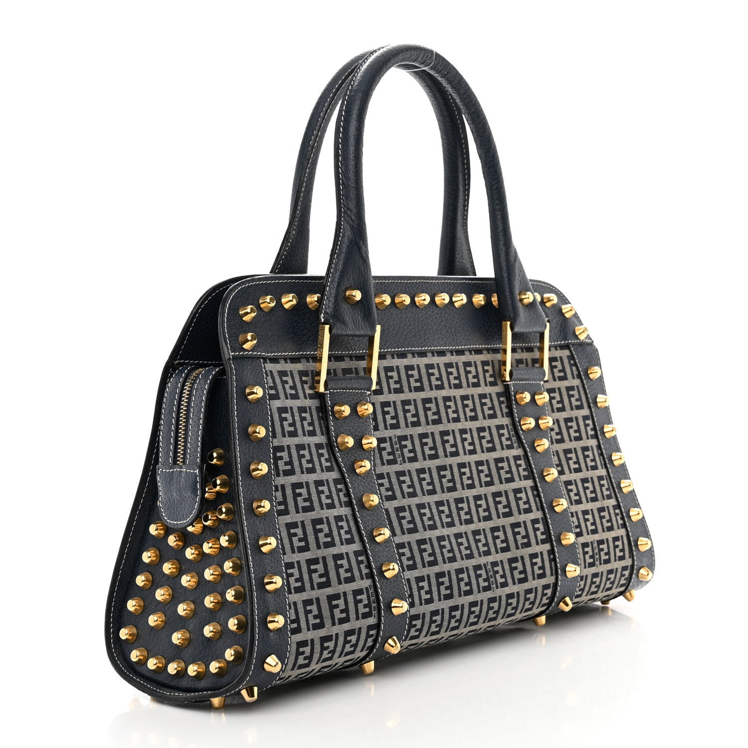 Fendi Zucchino Calfskin Studded Top Handle Satchel Tobacco Blue 3 of 15
