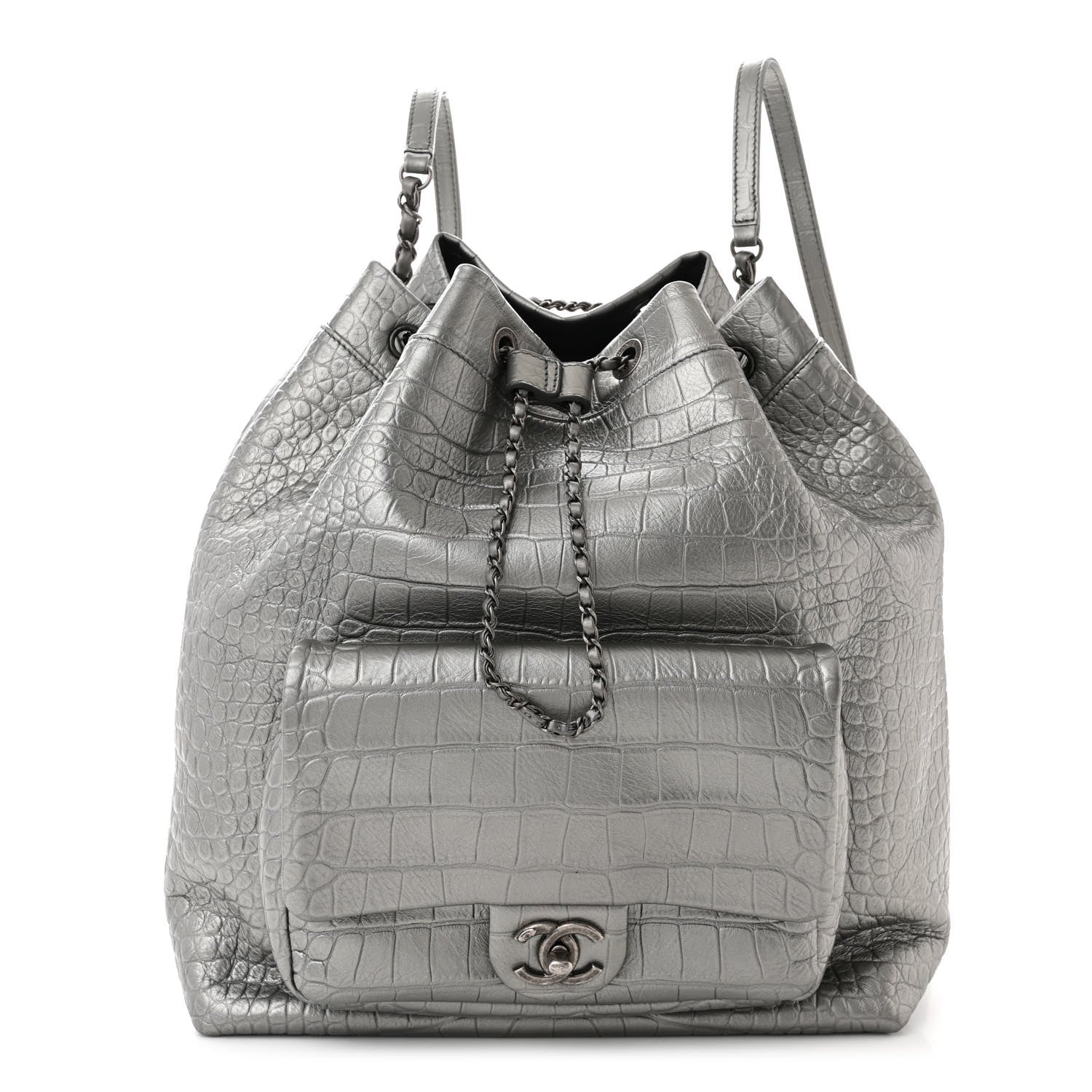Chanel Metallic Calfskin Crocodile Embossed Large Backpack Silver 1 of 10