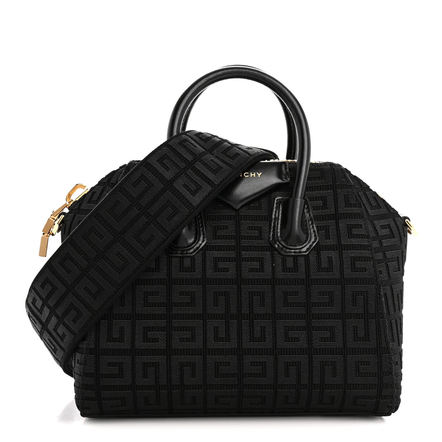 Canvas Jacquard Embroidered Calfskin 4G Mini Antigona Black