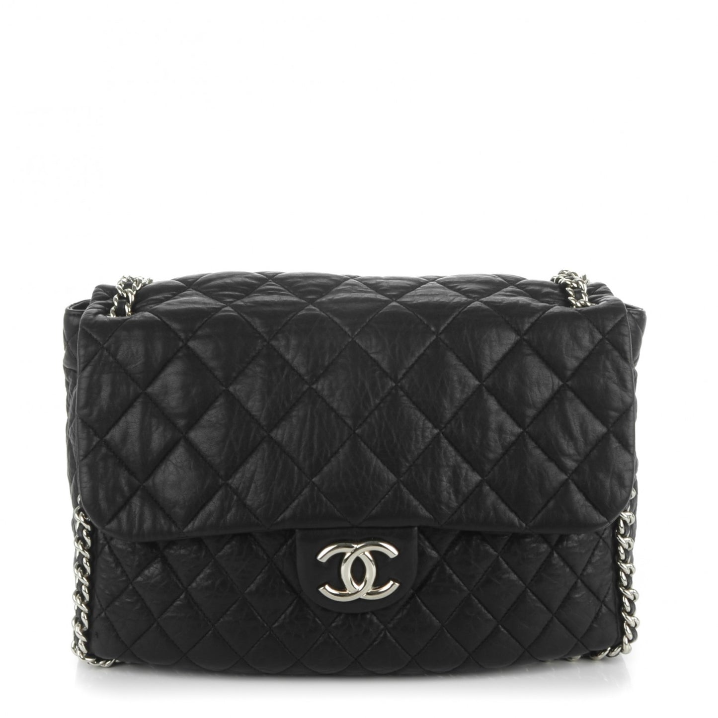 Washed Lambskin Quilted Maxi Chain Around Flap Black