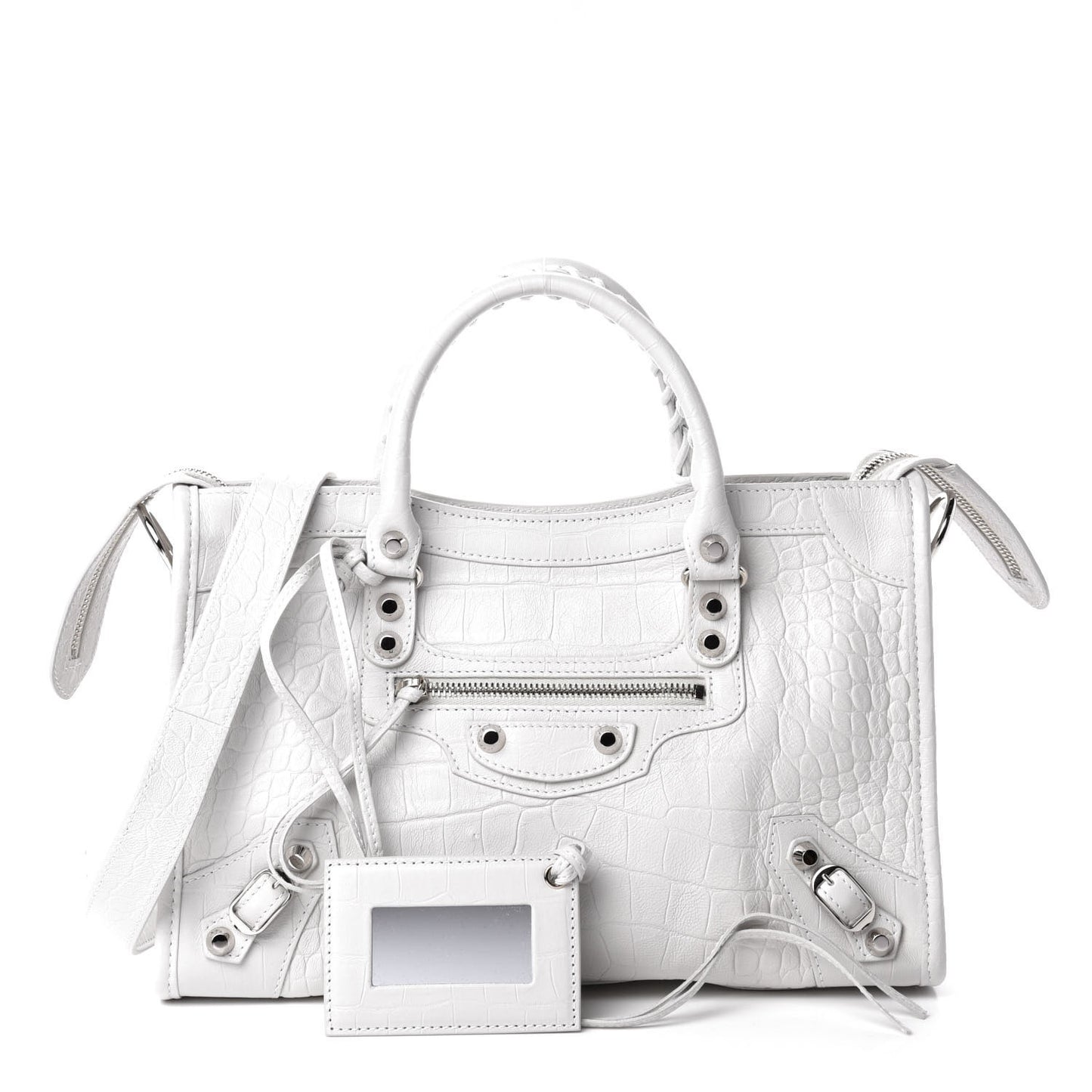 Matte Supple Lambskin Crocodile Embossed Classic Silver Hardware S City White