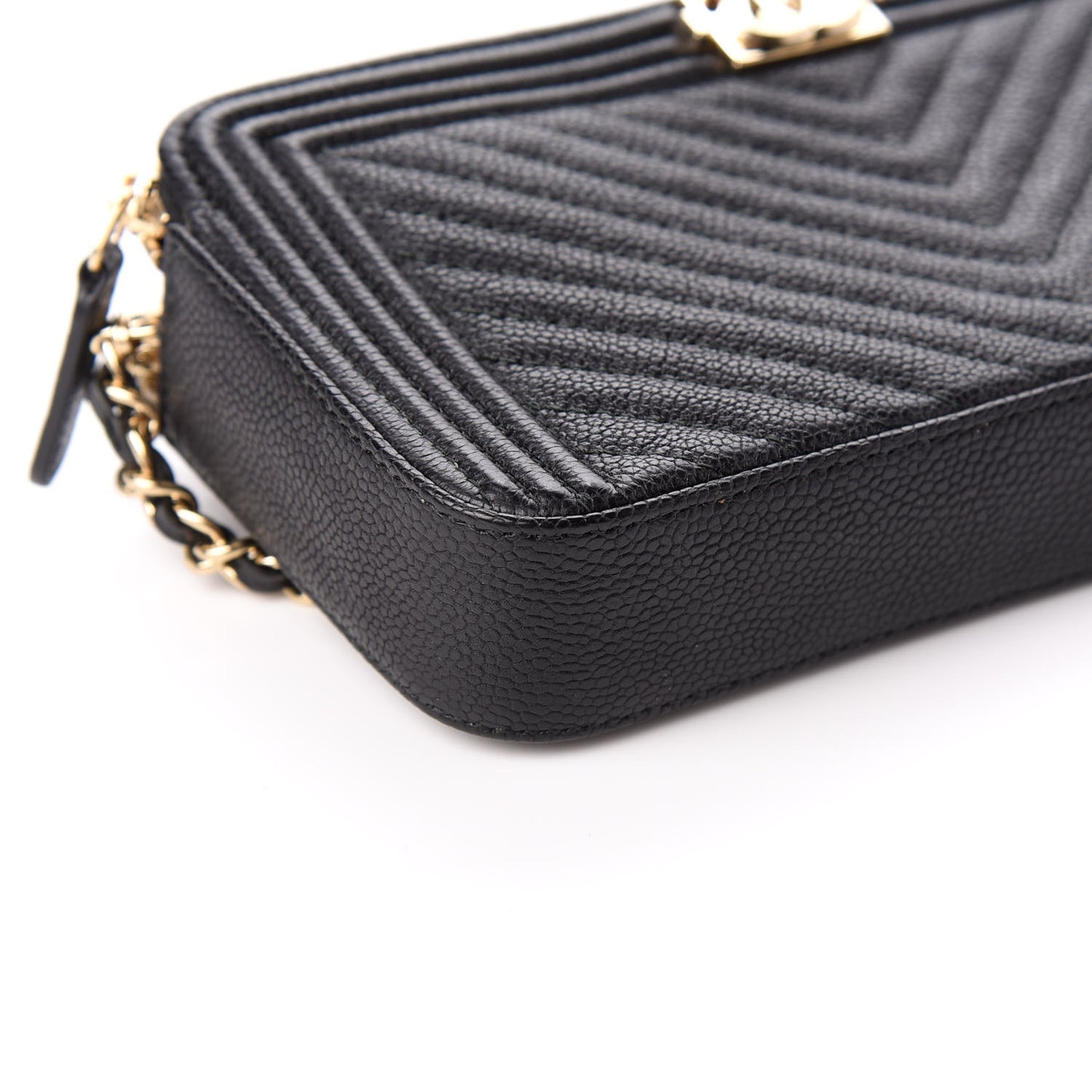 Caviar Chevron Small Boy Clutch With Chain Black