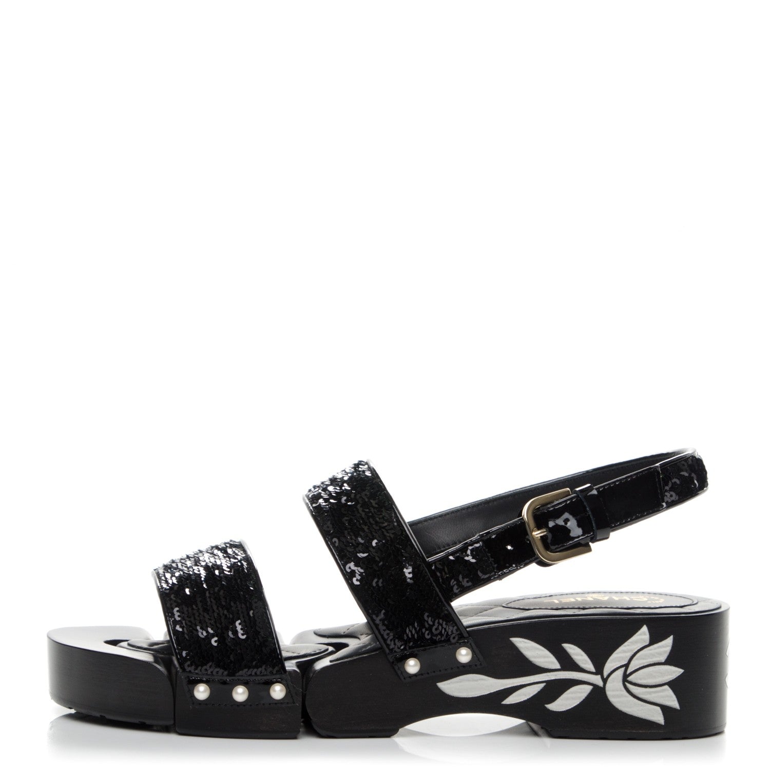Chanel Sequin Wedge Sandals 40 Black 1 of 5