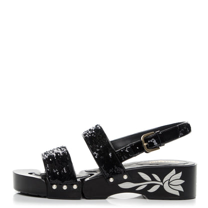 Chanel Sequin Wedge Sandals 40 Black 1 of 5
