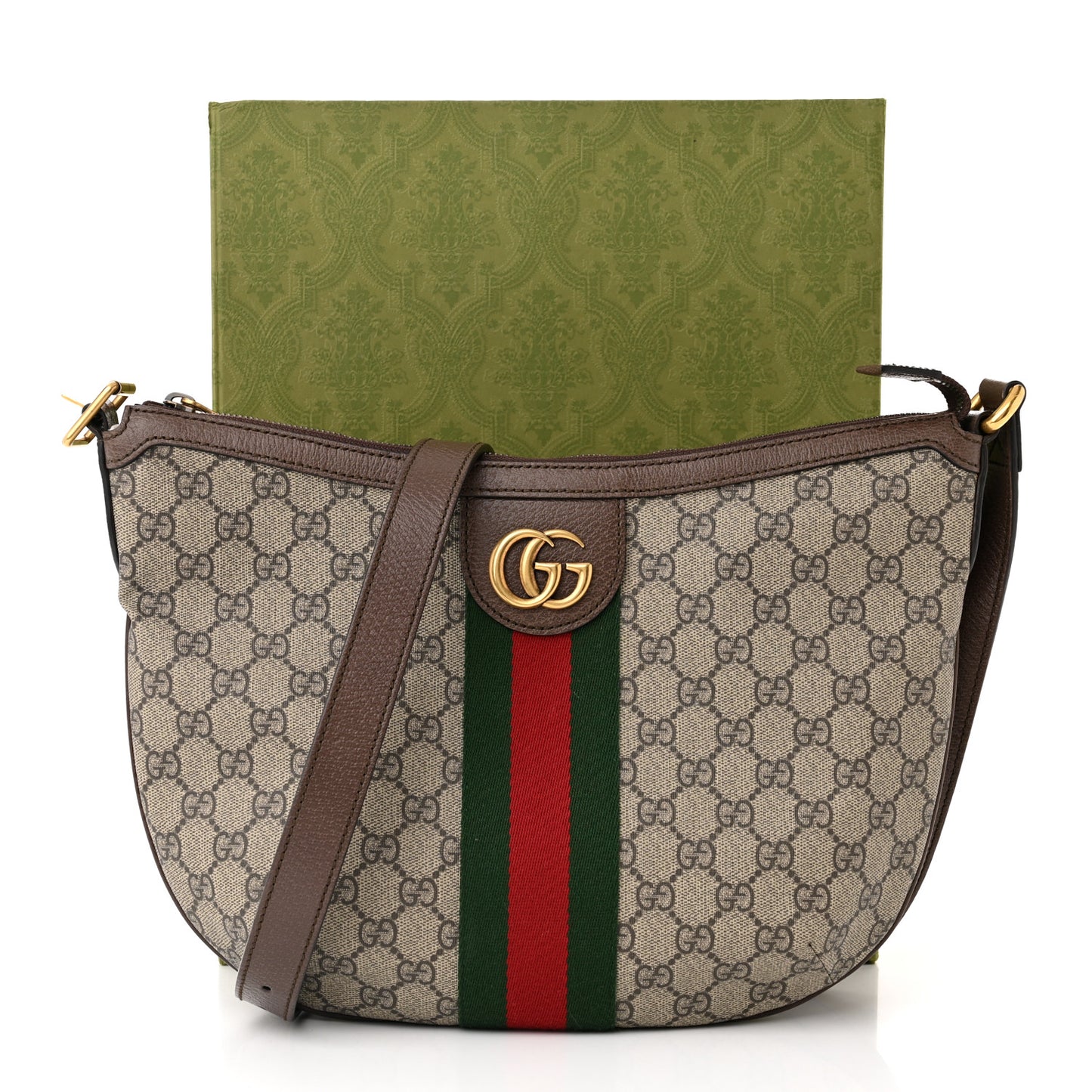 GG Supreme Monogram Web Small Ophidia Half Moon Hobo Brown