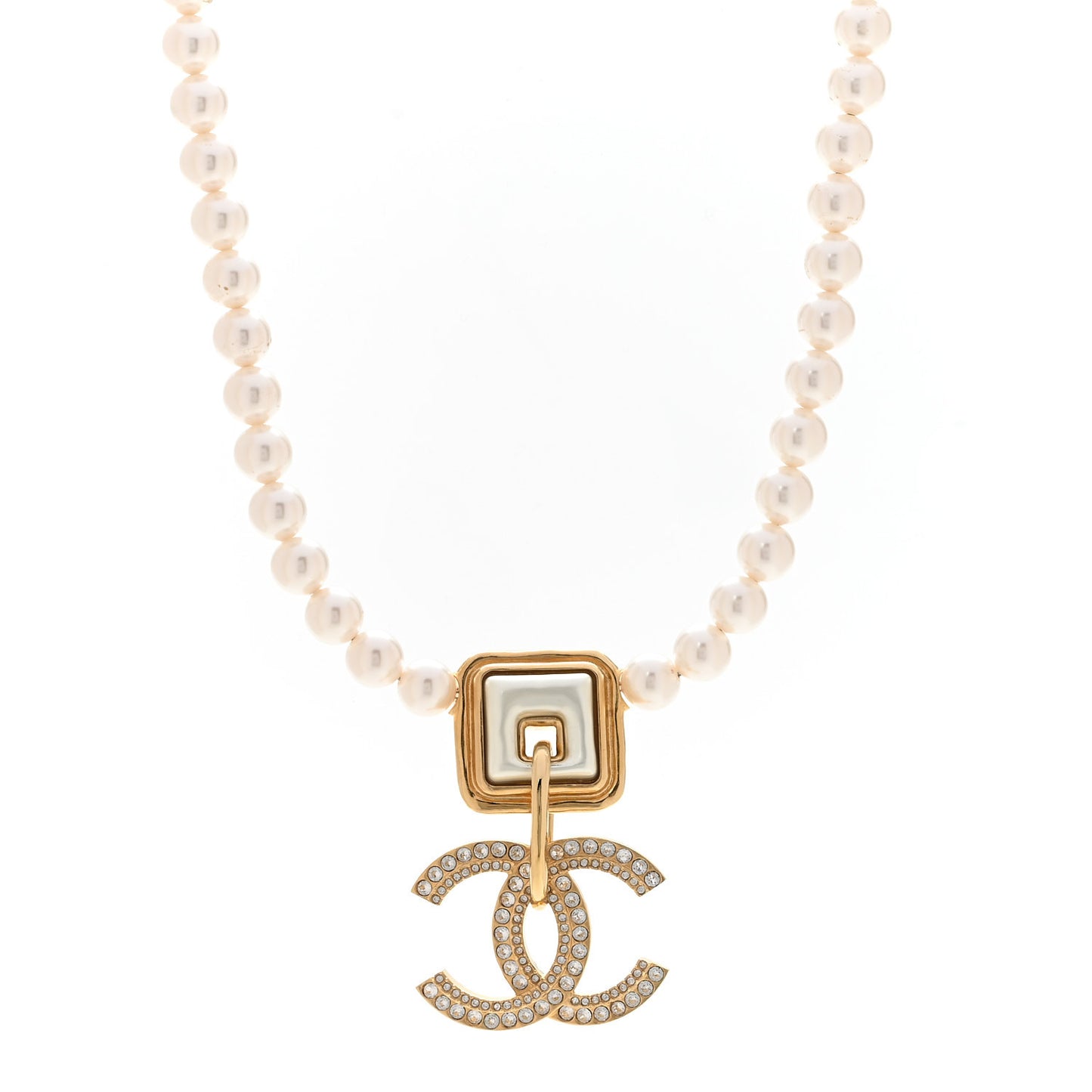 Pearl Crystal CC Square Choker Necklace Gold Pearly White