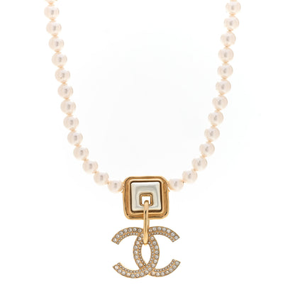 Chanel Pearl Crystal CC Square Choker Necklace Gold Pearly White 1 of 6