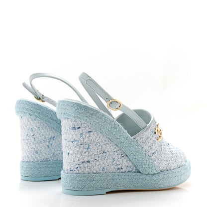 Chanel Tweed Braided Cord Wedge Sandals  37 Blue 5 of 9