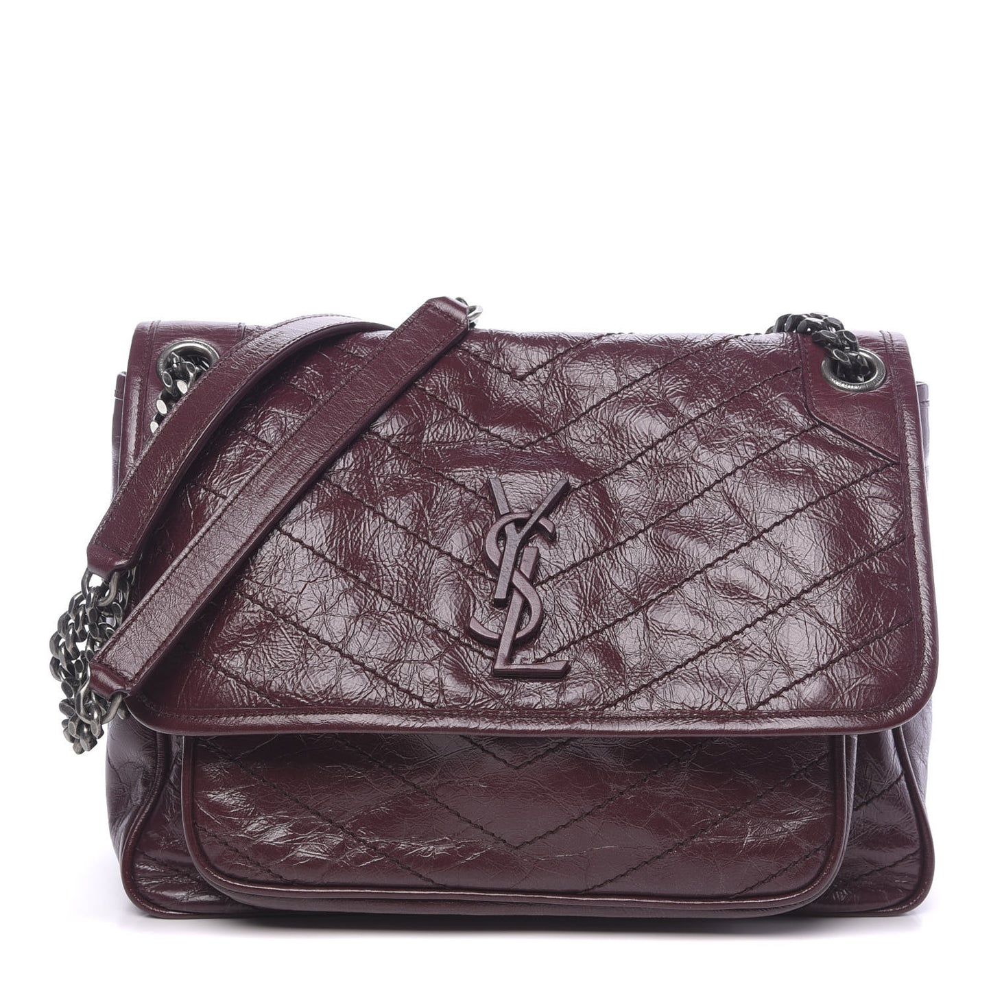 Crinkled Calfskin Matelasse Monogram Medium Niki Chain Satchel Burgundy