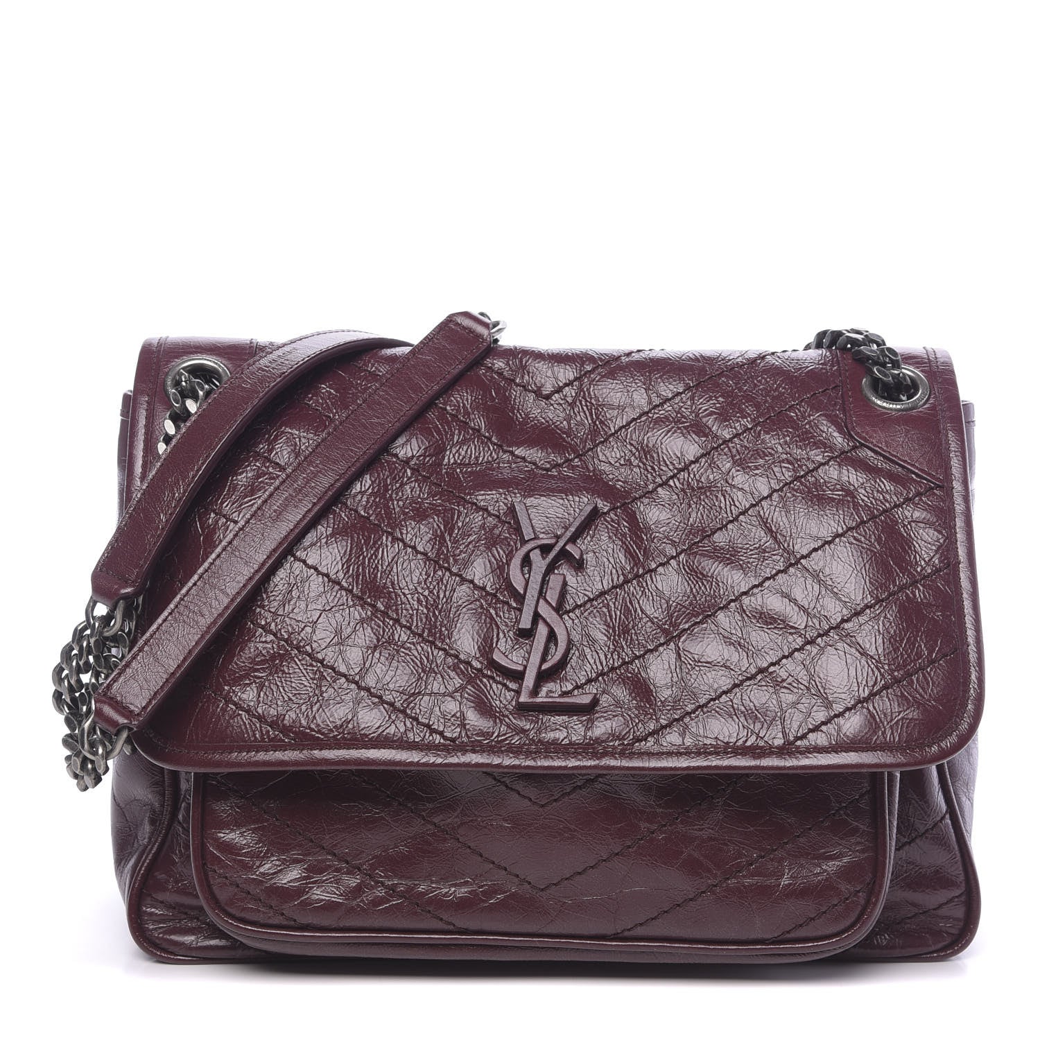 Saint Laurent Crinkled Calfskin Matelasse Monogram Medium Niki Chain Satchel Burgundy 1 of 9