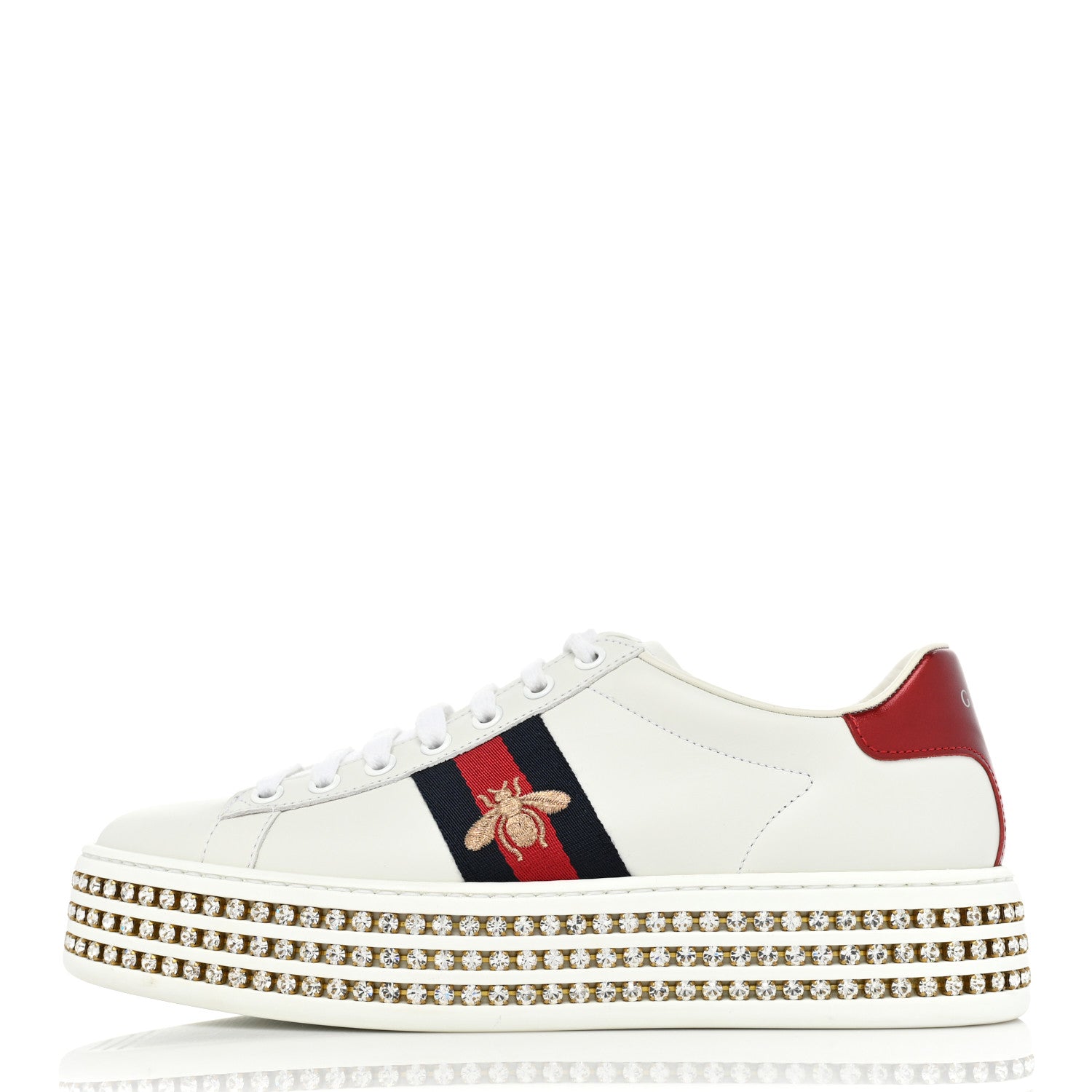Gucci Calfskin Crystal Web Bee Embroidered Womens Ace Platform Sneakers 38 White 1 of 10