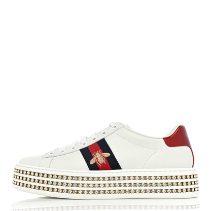 Gucci Calfskin Crystal Web Bee Embroidered Womens Ace Platform Sneakers 38 White 1 of 10