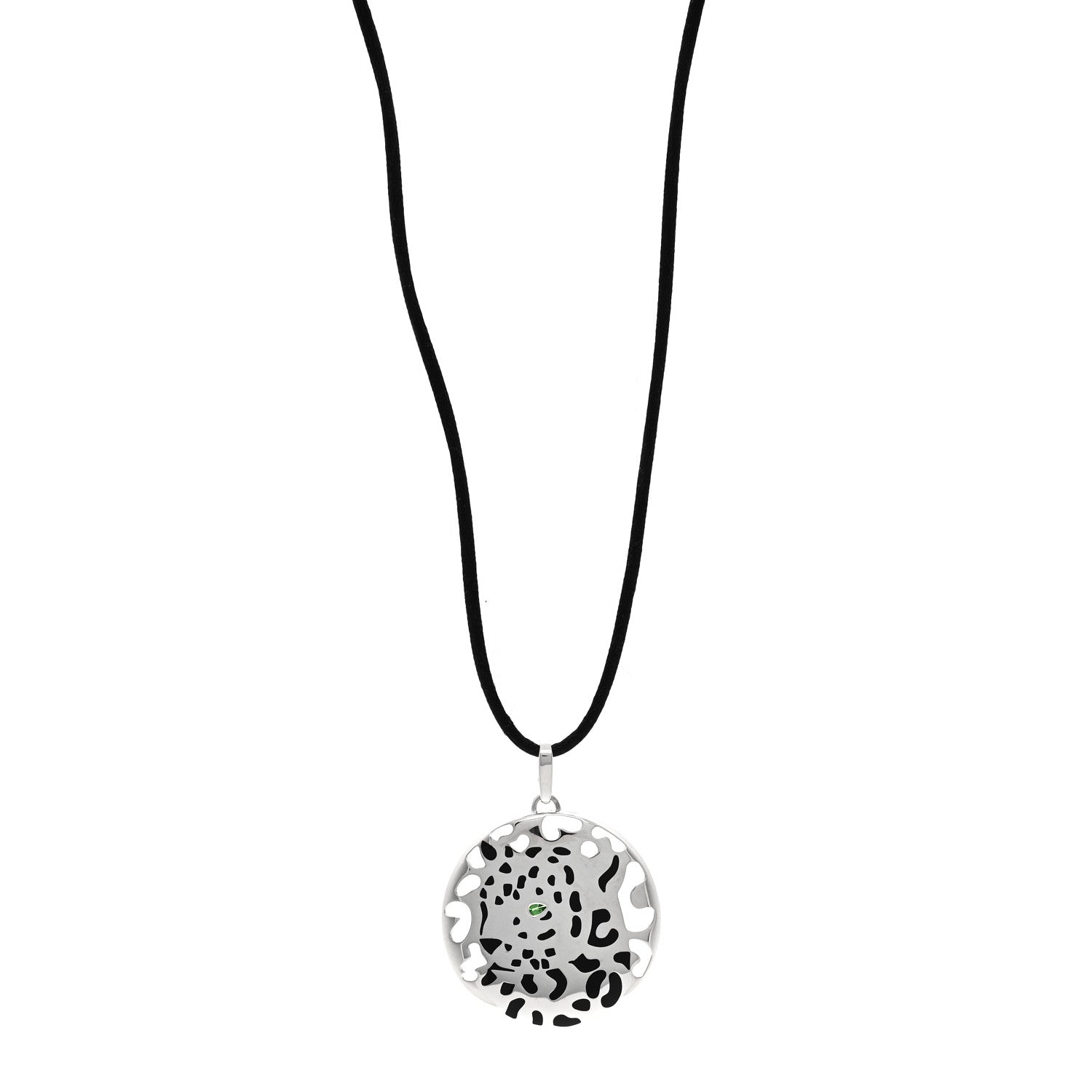Cartier 18K White Gold Enamel Tsavorite Panthere De Cartier Pendant Cord Necklace 1 of 5