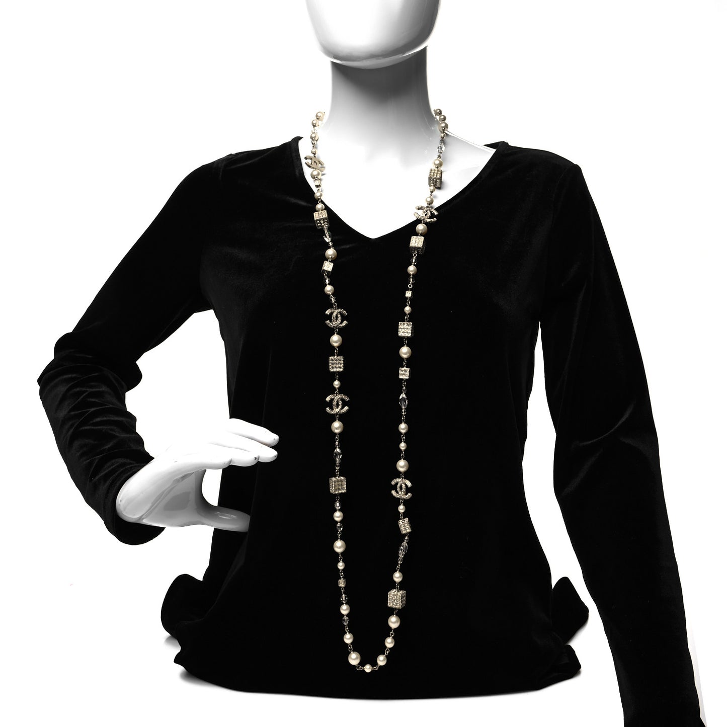 Pearl Bead Crystal CC Long Necklace Gold