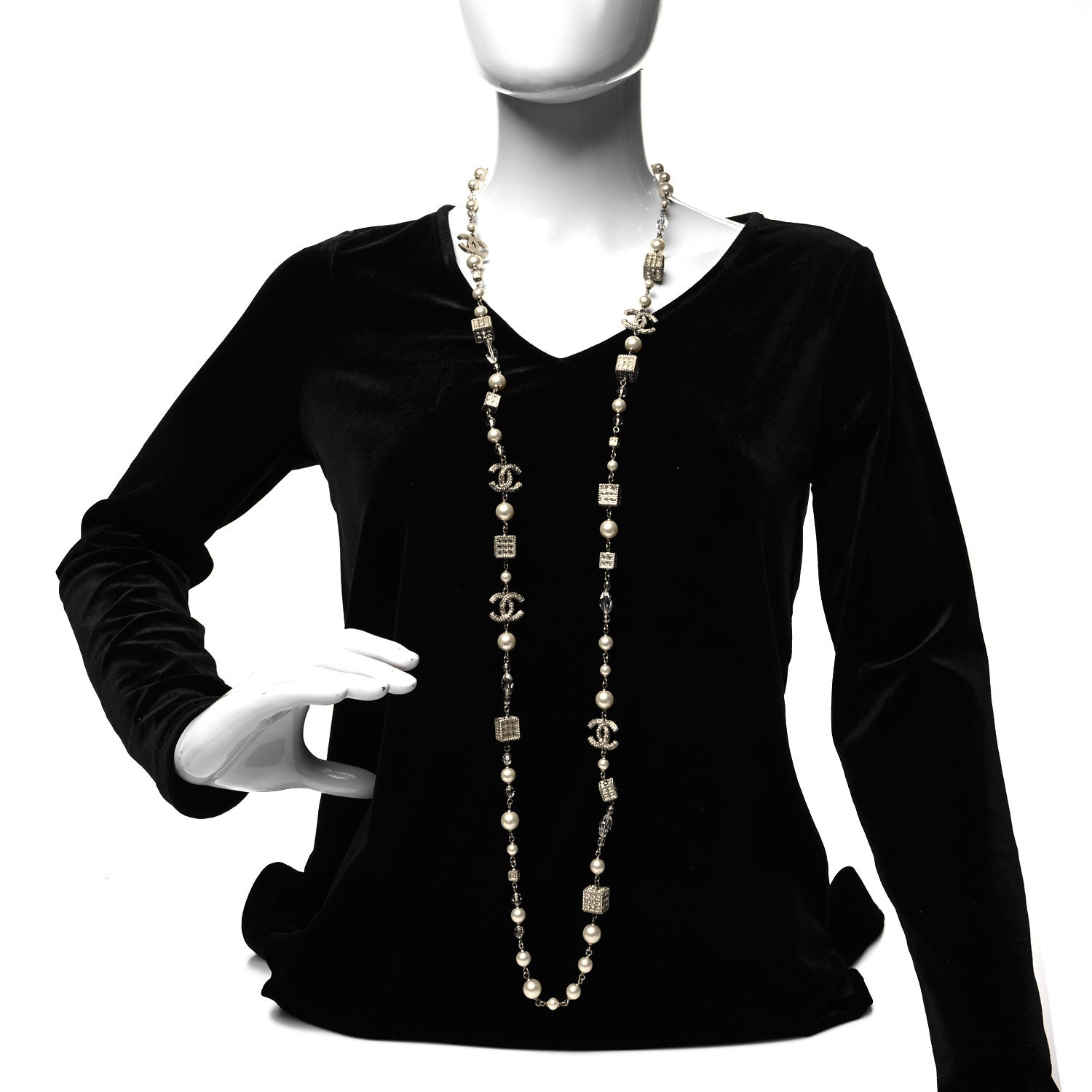 Chanel Pearl Bead Crystal CC Long Necklace Gold 2 of 5