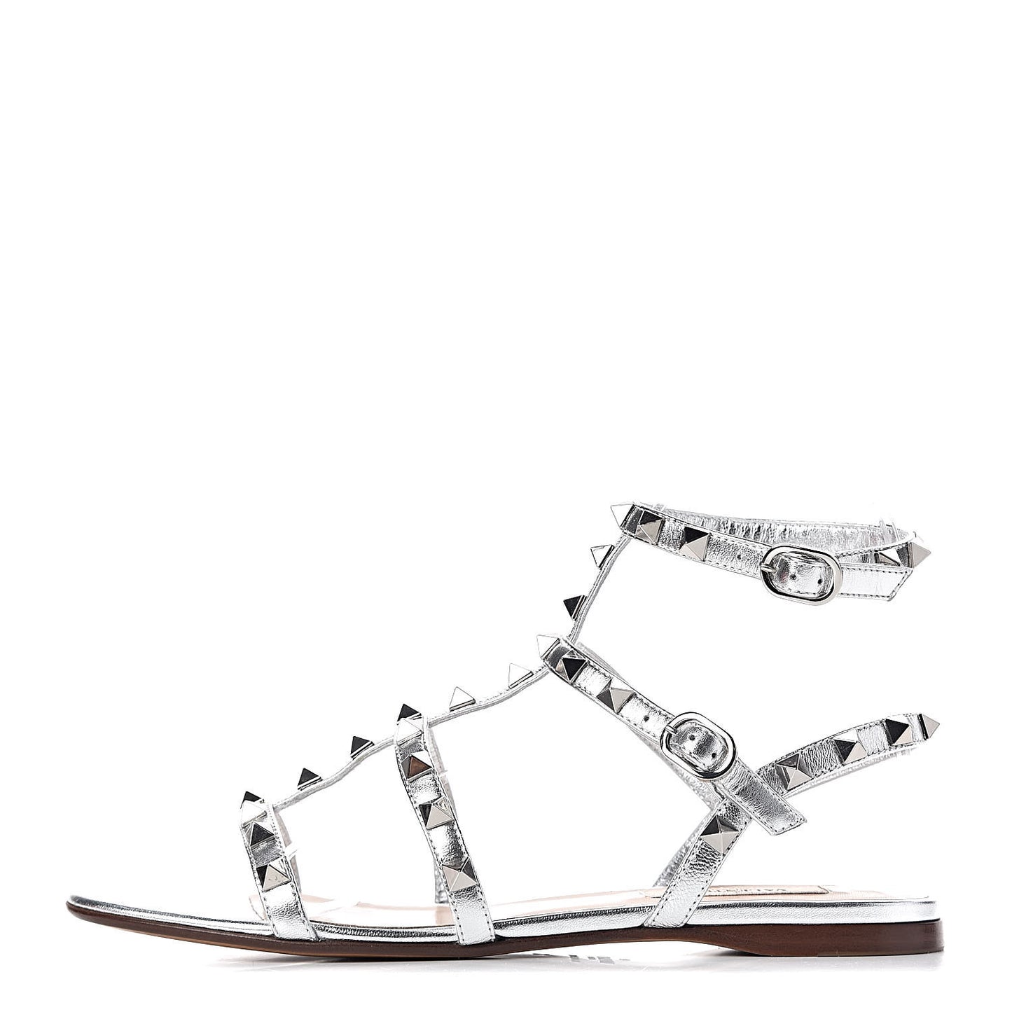 Metallic Nappa Rockstud Gladiator Flat Sandals 37 Silver