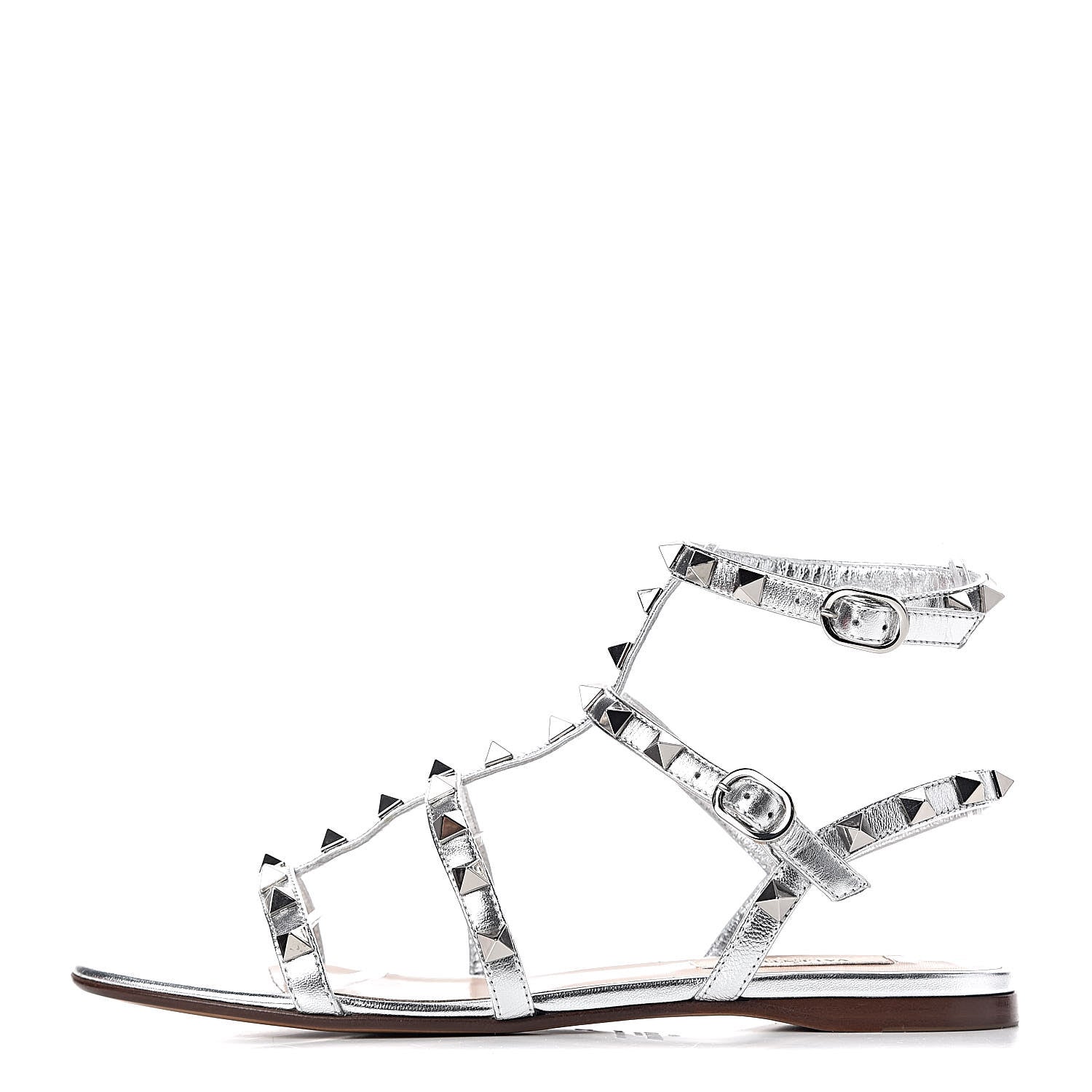 Valentino Garavani Metallic Nappa Rockstud Gladiator Flat Sandals 37 Silver 1 of 12