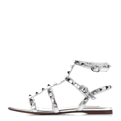 Valentino Garavani Metallic Nappa Rockstud Gladiator Flat Sandals 37 Silver 1 of 12