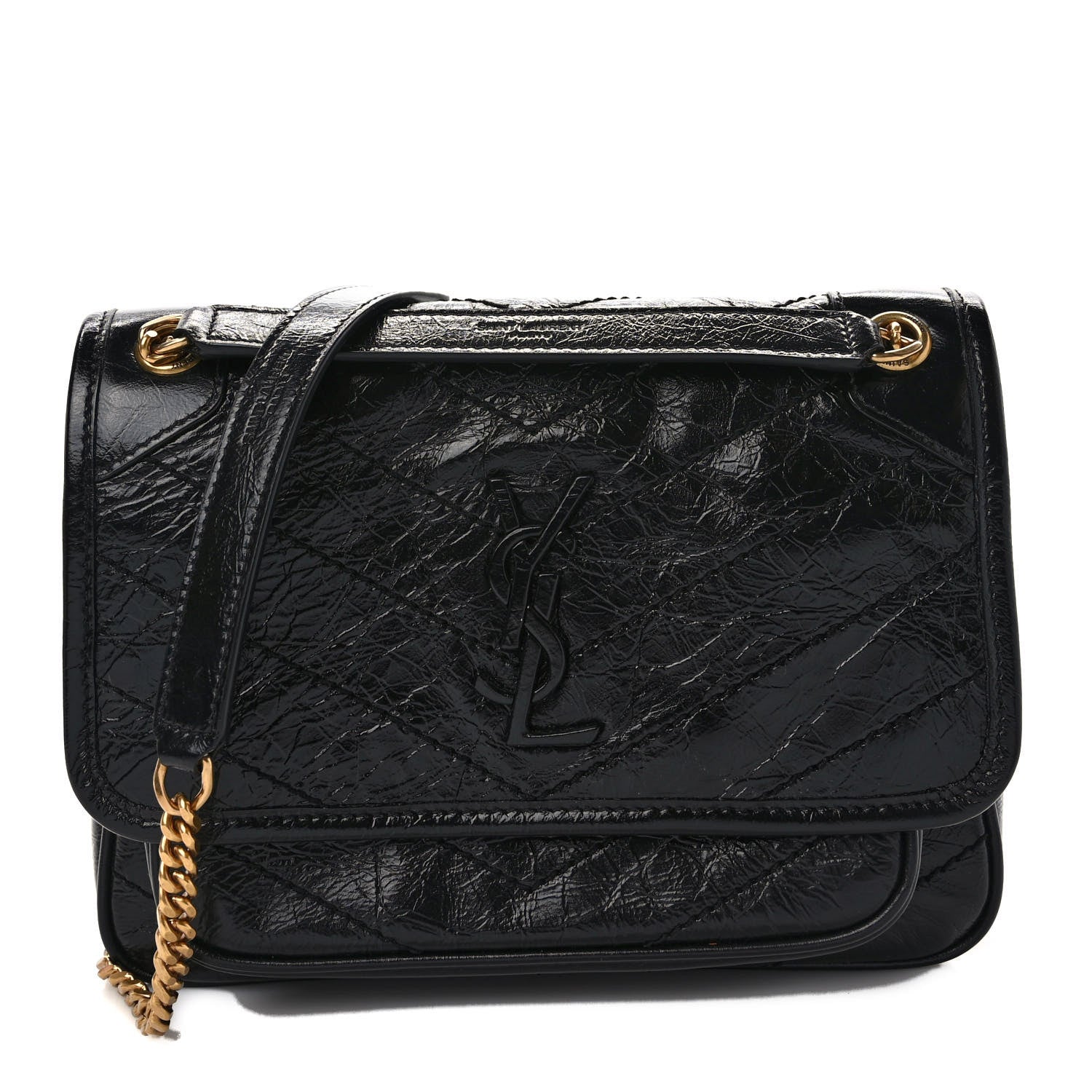 Saint Laurent Crinkled Calfskin Matelasse Monogram Baby Niki Chain Satchel Black 1 of 9